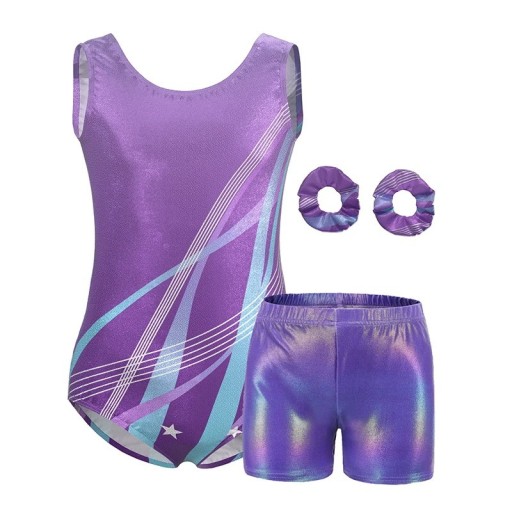 Σετ γυμναστικής για κορίτσια με αμάνικο κορμάκι, λαμπερά σορτς και 2 scrunchies γαλλικές λαστιχένιες, πολυεστέρας και ελαστάνη, για γυμναστική και χορό