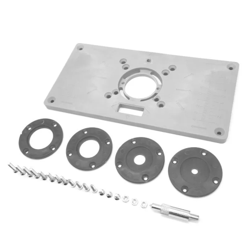 Set kunststof frees-graveerbord 26 x 13 cm met 4 schaafinzetstukken Verschillende ringdiameters Bevestigingsschroeven Timmergereedschap