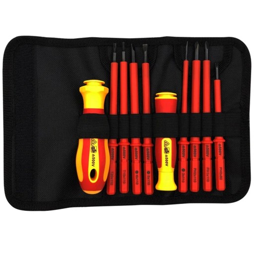Set med 10 isolerade skruvmejslar 500V för elektriker - platt-, kryss- och Torx-huvuden inklusive ergonomiska handtag och fodral