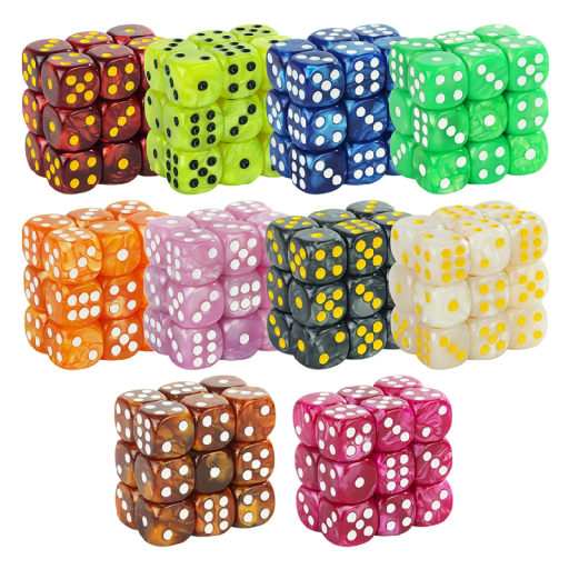 Set med 10 st. 16 mm akryltärningar marmorliknande tärningar för brädspel, rollspel, DND, klassiska sexkantiga speltärningar