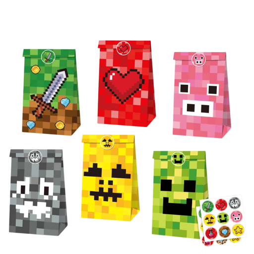 Set med 12 papperspåsar 22 x 12 x 8 cm och 18 klistermärken 3,8 cm med Minecraft-spelmotiv Kraftpapperspresentpåsar Gaming partydekorationer