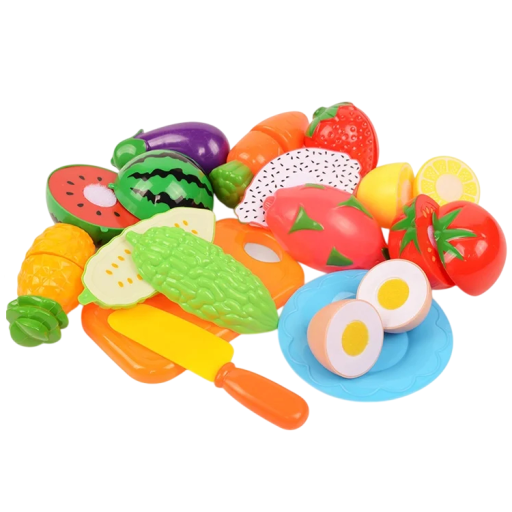 Set med 13 plastköksh leksaker med kniv, skärbräda och tallrik, frukt och grönsaker för barn