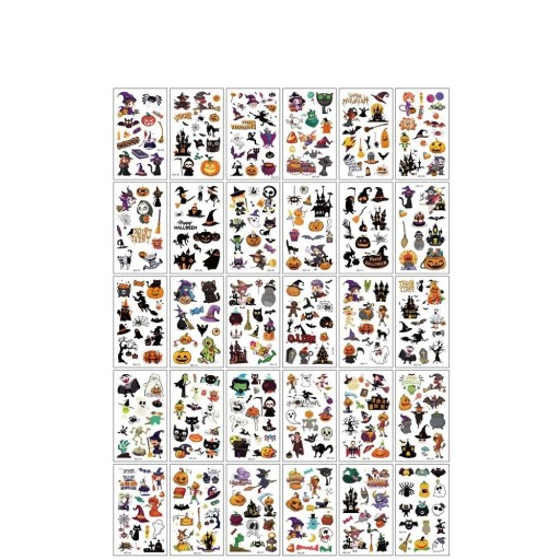 Set med 30 temporära tatueringar 5,7 x 9,7 cm Halloweenmotiv häxor, pumpor, fladdermöss, spöklika hus och katter