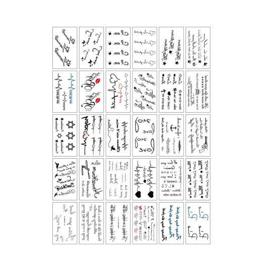 Set med 30 temporära tatueringar 5,7 x 9,7 cm med citat, texter, symboler, hjärtan, stjärnor och motiv i svart, röd och blå färg