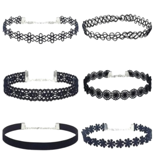 Set med 6 svarta damchoker, spetsdesign, praktisk stängning, stiligt tillbehör för vardagligt och kvällsbruk