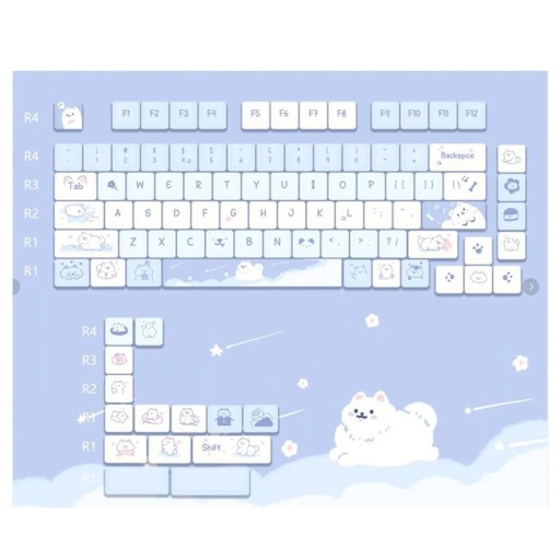 Set med keycaps i cartoonmotiv 95 st PBT MOA-profil blå vit keycaps för mekanisk tangentbord för spel och kontor