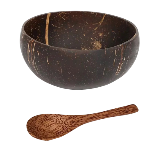 Set med kokosnötsskål och sked 14–15 cm naturligt material brun servering av maträtter och desserter