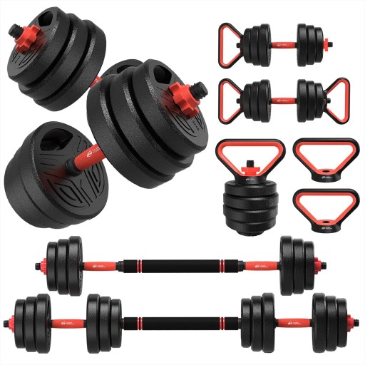 Set med vikter 3i1 justerbara 20 kg cement plast svart röd hantlar stång kettlebell för hemmaträning
