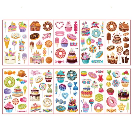 Set mit 10 Bögen temporärer Tattoos 12 x 7 cm Torten Süßigkeiten Naschereien Kinder Tattoos Hautaufkleber mit Geburtstagsmotiven