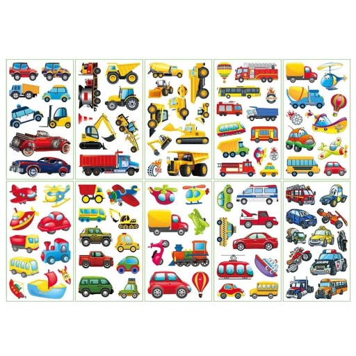 Set mit 10 Bögen temporärer Tattoos mit Autos, Baumaschinen, Flugzeugen, Schiffen und Verkehrsmitteln, Körperaufkleber für Kinder