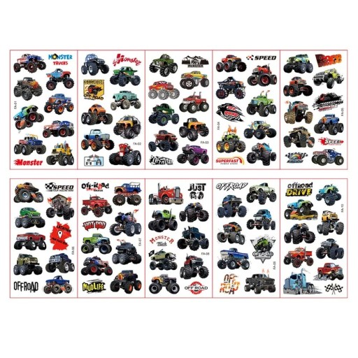 Set mit 10 Bögen temporärer Tattoos mit riesigen Geländewagen, Nutzfahrzeugen und Rennwagen, farbige Körperaufkleber.