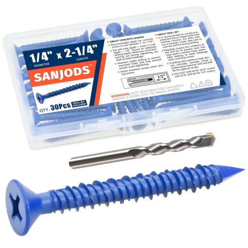 Set mit 30 Betonschrauben 1/4" x 5,7 cm aus Edelstahl blaue Flachschrauben für Mauerwerk Ziegel Beton mit Bohrer