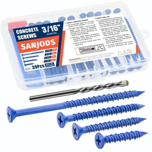 Set mit 39 Stück Betonschrauben 3/16" 1,3–3 cm Edelstahl blaue Flachschrauben für Mauerwerk Ziegel Zement mit Bohrer