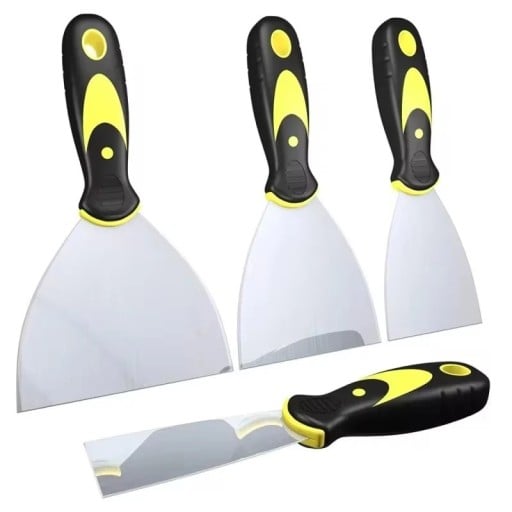 Set mit 4 Edelstahl-Spachteln für Spachtelmasse 5–12,5 × 20,3 cm Malerspachtel mit ergonomischem Griff schwarz-gelbe Werkzeuge zur Reinigung