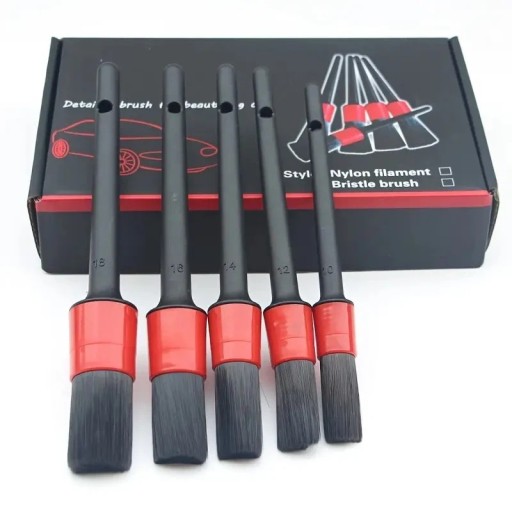 Set mit 5 Detailbürsten zur Autoreinigung, Länge 20,5-24 cm, Borstenbreite 2-4 cm, Kunststoffgriff, rote Halterung, schwarze Borsten