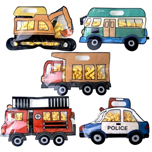 Set mit 5 Kunststoff-Geschenktüten im Design von Verkehrsmitteln mit Reißverschluss, dekorative Tüten für Süßigkeiten und kleine Geschenke