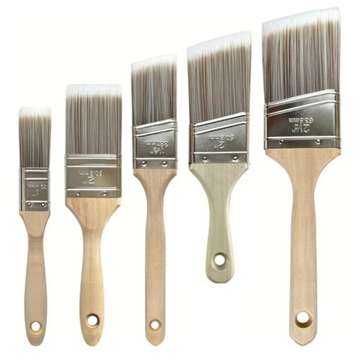 Set mit 5 langen, konischen Nylonpinseln in der Farbe Kaffeeweiß zum Malen, Grillen und für den Einsatz im maritimen Bereich. Künstlerische und technische Verwendung.