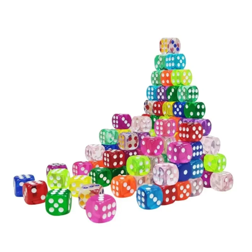 Set mit 50 farbigen sechseckigen Würfeln 14 mm. Mehrfarbige Spielwürfel für Brettspiele. Lernspielzeug für Schulen und Kindergärten.
