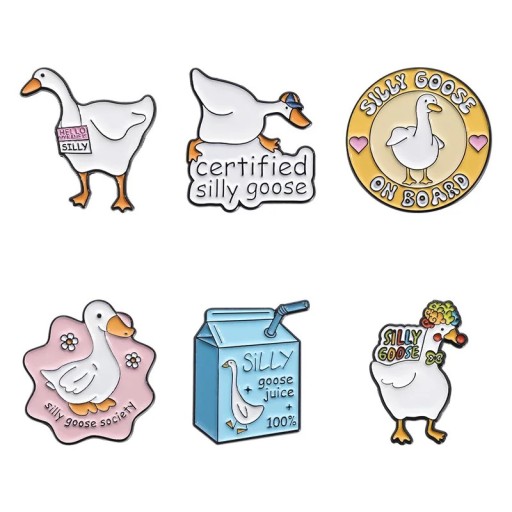 Set mit 6 emaillierten Pins Gans silly goose Motiv metallische farbige Broschen Abzeichen für die Jacke Rucksack Kleidung Zubehör