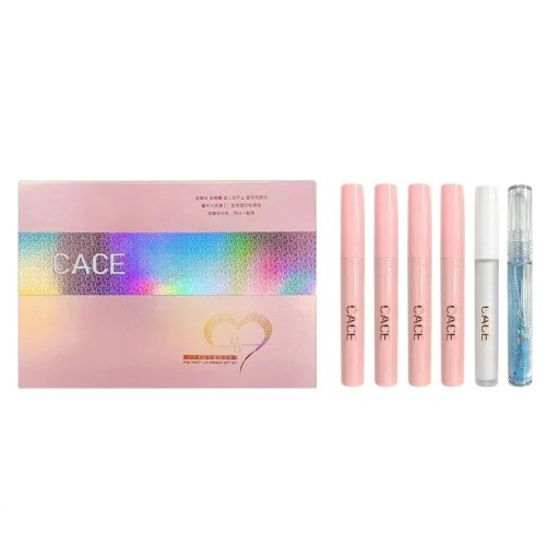 Set mit 6 matten flüssigen Lippenstiften 4 Farbtöne Lipgloss 1 transparenter Gloss 1 Plumper-Balsam Geschenkset mit Halskette