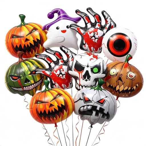 Set mit aufblasbaren Halloween-Luftballons 10 Stück Folienballons Kürbis Schädel Auge Skelett Hände und Geist Halloween-Dekoration und Partydeko