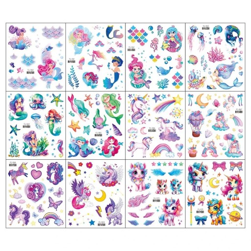 Set mit temporären Tattoos mit Meerjungfrauen, Einhörnern, Sternen, Regenbogen und weiteren Motiven, farbige, wasserfeste Tattoo-Aufkleber