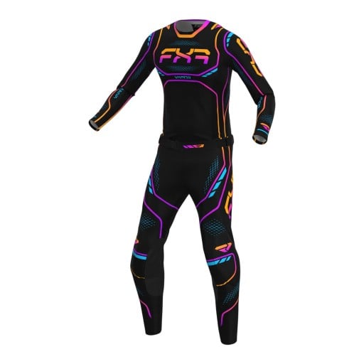 Set motokros cu dres cu mânecă lungă și pantaloni cu linii neon în tranziție de roz și portocalie și detalii turcoaz pe fundal negru