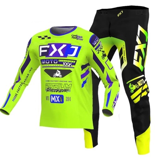 Set motokros per bambini con maglia e pantaloni in poliestere e nylon verde neon con dettagli viola abbigliamento unisex per bambini per motokros e enduro