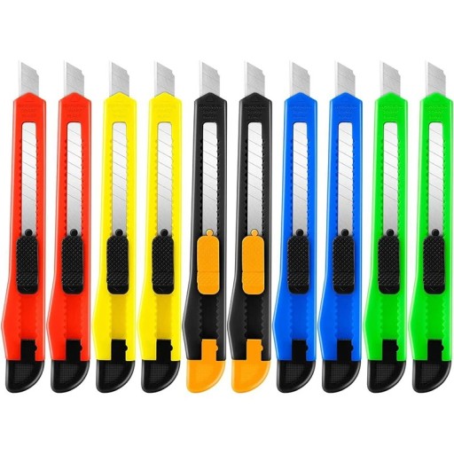 Set of 10 Coloured Retractable Knives 9 mm Plastic Body Self-Locking Slider Office and Cutting Knives 5 Colours Universal Use