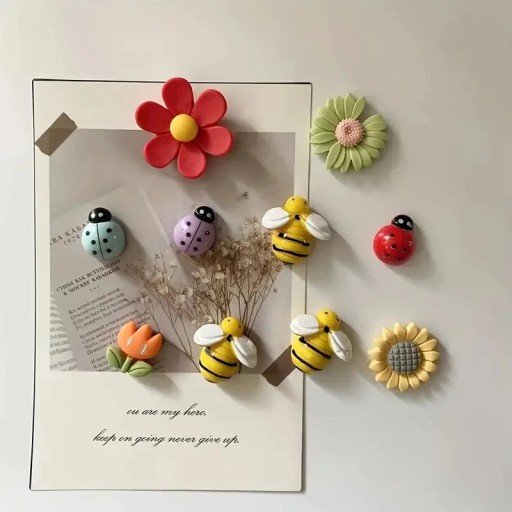Set of 10 Decorative Fridge Magnets Mixed Flowers Bees Ladybirds Various Sizes Colourful Decorations Home Kitchen