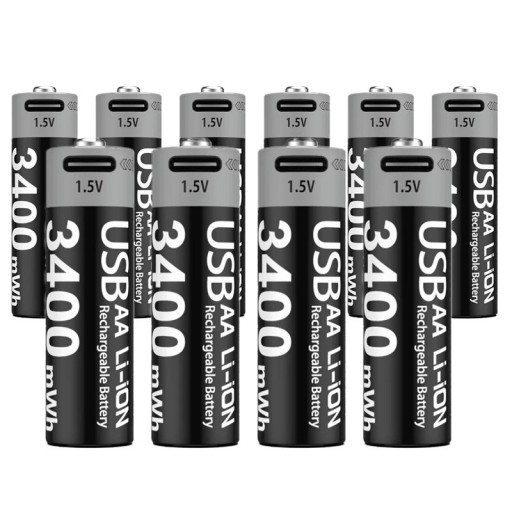 Set of 10 Rechargeable AA Batteries 3400mWh Lithium-ion 14.5x50.5 mm USB-C Charging Eco-friendly Replacement Easy to Use Long Lifespan