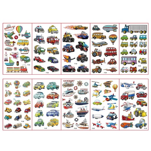 Set of 10 Sheets of Temporary Tattoos 12 x 7 cm Transport Vehicles Cars Boats Planes Children's Tattoo Stickers for Skin