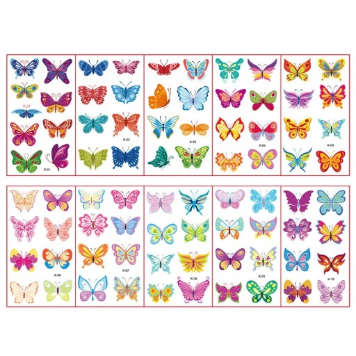 Set of 10 Sheets of Temporary Tattoos 12 x 7 cm with Colourful Butterflies Children's Tattoo Stickers for Skin in Vibrant Designs
