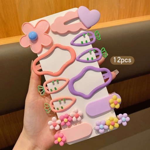 Set of 12 Hair Clips Colourful Children's BB Clips Flowers Hearts Carrots Sweet Korean Style Accessories for Everyday Wear