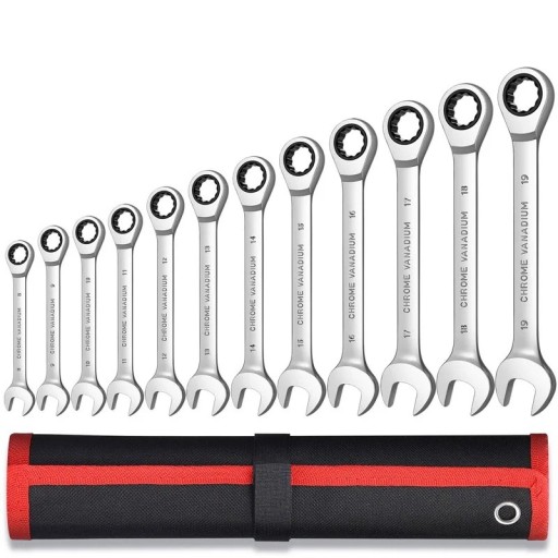 Set of 12 Ratchet Wrenches Combination Spanners with Fine Action in a Sturdy Black-Red Case