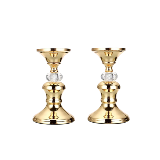 Set of 2 Gold Metal Column Candlesticks with Crystal Element 10.5 × 17 × 8.3 cm Metal Candle Holders Gold Table Decoration Wedding