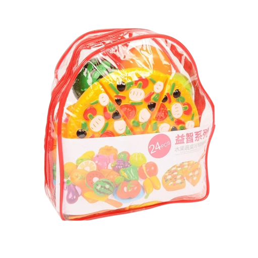 Set of 24 Kitchen Toys for Children with Fruit, Vegetables, Other Foods, 6 Slices of Pizza, Shopping Backpack 21 x 7 x 23 cm, Knife, Double-Sided Chopping Board and Plate