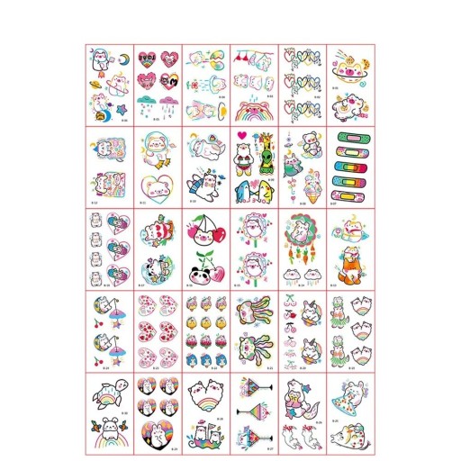 Set of 30 Temporary Tattoos 5.7 x 9.7 cm Colourful Children's Animal, Fruit and Fairy Tale Character Designs for Fun