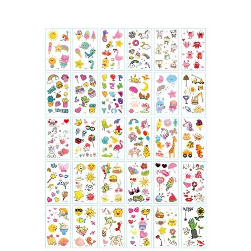 Set of 30 Temporary Tattoos 5.7 x 9.7 cm Colourful Children's Designs of Animals, Fruit, Sweets and Cheerful Images for the Body