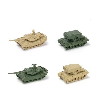 Set of 4 Military Vehicle Models T-90MS and TOS-1A Scale 1:144 Made of ABS Plastic Collectible Models for Decoration and Modellers