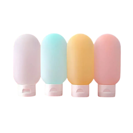 Set of 4 Silicone Travel Bottles 60 ml Soft Refillable Tubes for Shampoo and Lotion Portable Squeezable Containers Light Colours