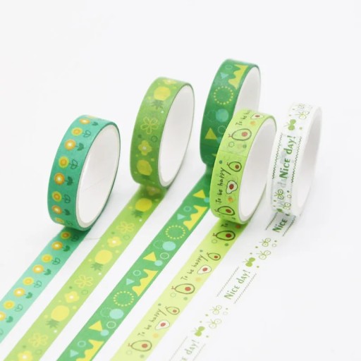 Set of 5 Rolls of Avocado and Cheerful Patterns Tape 2 m for Decorating Journals, Planners, Invitations and Other Creative Projects