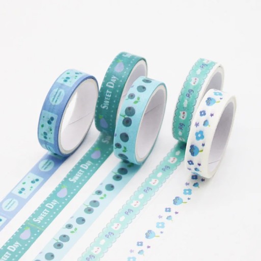 Set of 5 Rolls of Tape with Blue Flower and Fruit Design 2 m for Decorating Diaries, Planners, Invitations and Other Creative Projects