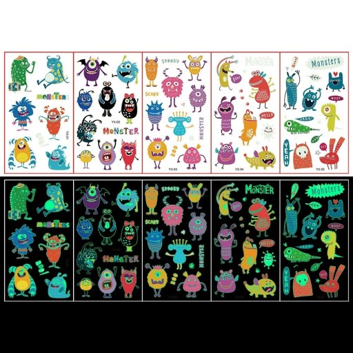 Set of 5 Sheets of Glow-in-the-Dark Temporary Monster Tattoos Colourful Body Stickers for Children with Day and Night Effect