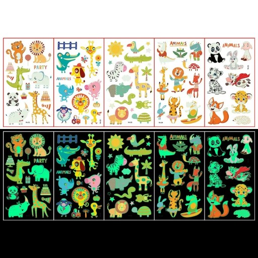 Set of 5 Sheets of Glow-in-the-Dark Temporary Tattoos Animals Colourful Tattoo Stickers for Children with Day and Night Effects