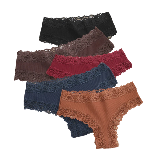 Set of 5 Women's Ribbed Brazilian Briefs with Decorative Lace Breathable Underwear in Dark Colours