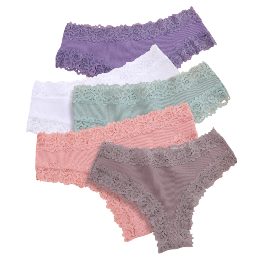 Set of 5 Women's Ribbed Brazilian Briefs with Decorative Lace Breathable Underwear in Pastel Colours