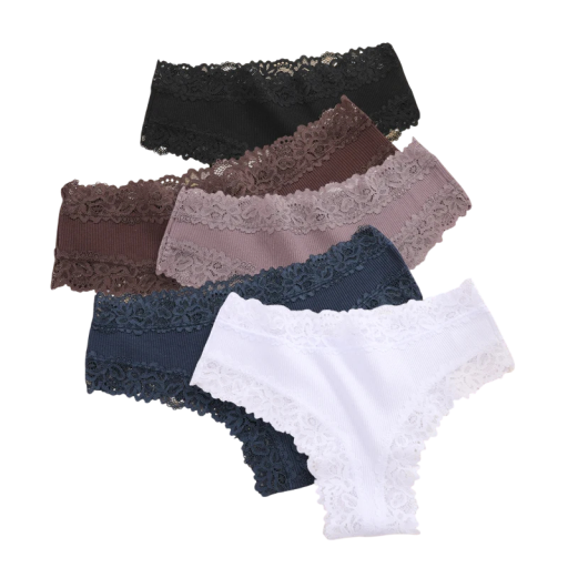 Set of 5 Women's Ribbed Brazilian Knickers with Decorative Lace Breathable Underwear in Light and Dark Colours