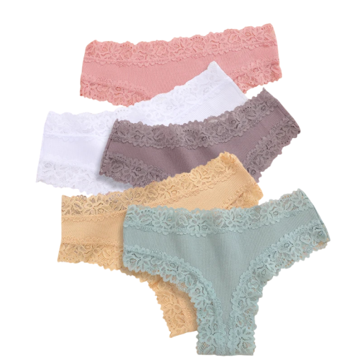 Set of 5 Women's Ribbed Brazilian Knickers with Decorative Lace Breathable Underwear in Light Colours