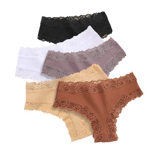 Set of 5 Women's Ribbed Brazilian Knickers with Decorative Lace Breathable Underwear in Natural Shades